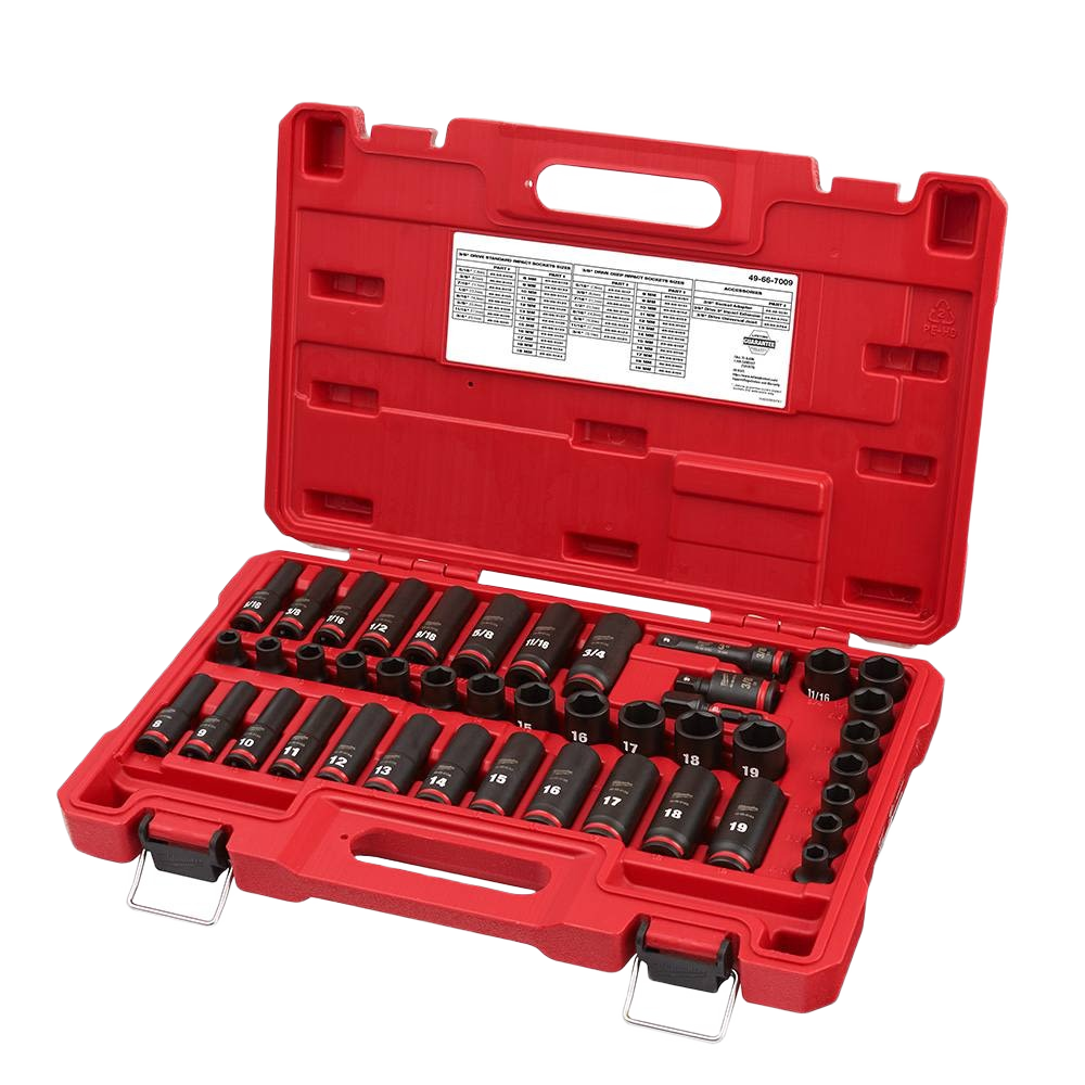 Red hard plastic case containing 43 impact duty deep sockets in SAE and metric sizes for hand tools collection