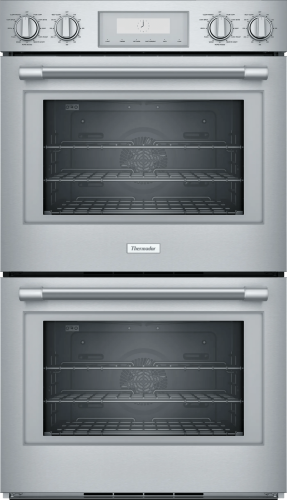 Stainless steel double wall oven with digital display and control knobs, part of Thermador kitchen appliances collection