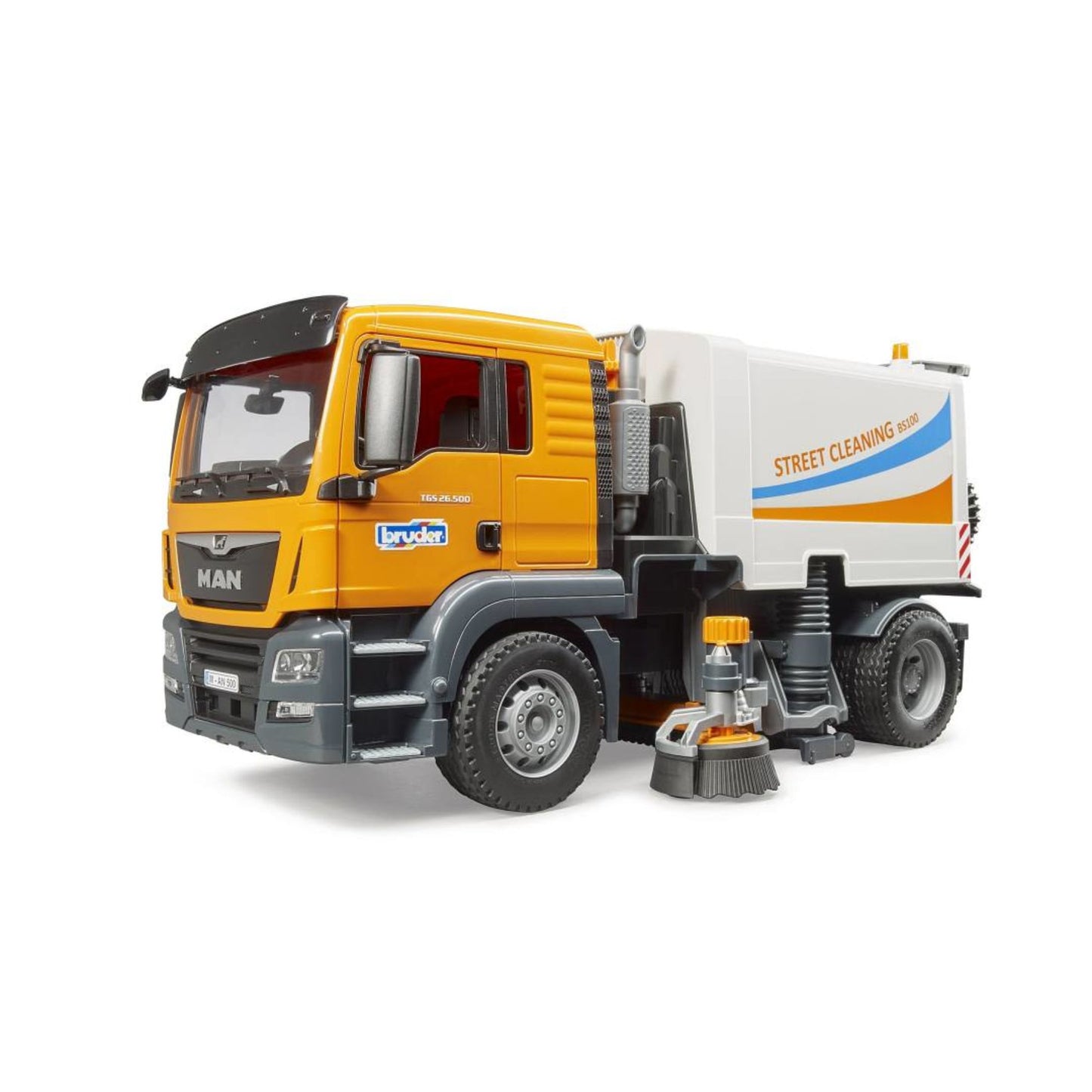 Yellow and gray street cleaning truck toy with rotating brushes in Bruder Toys and Vehicles & Remote Controlled Toys collections