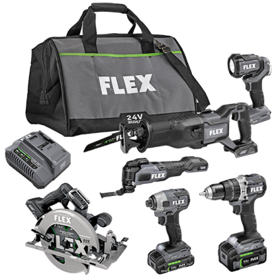 Set of six black and gray FLEX 24V power tools with charger and branded carrying bag for home improvement tasks
