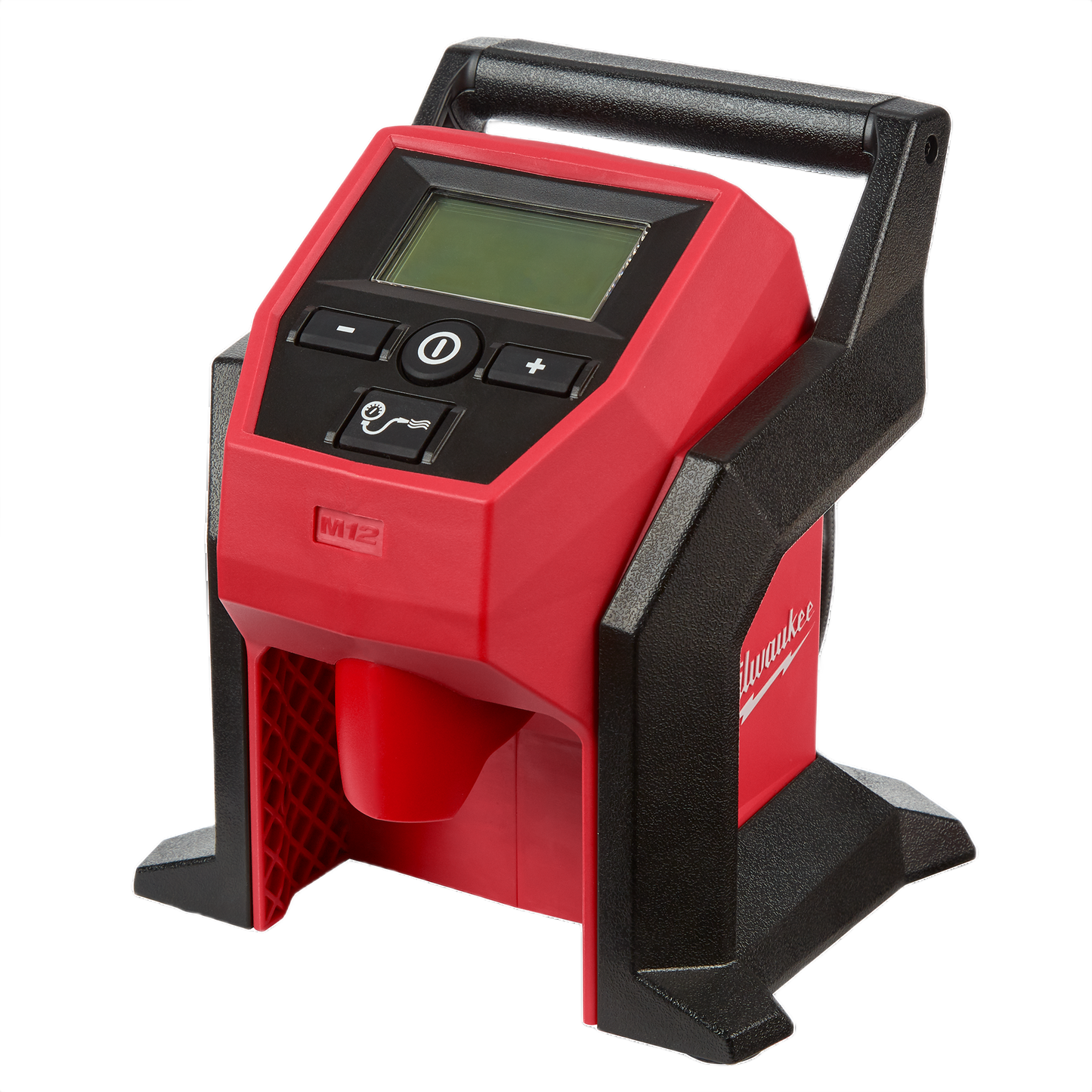 Portable red and black compact inflator with digital display and control buttons for air tools and accessories collection