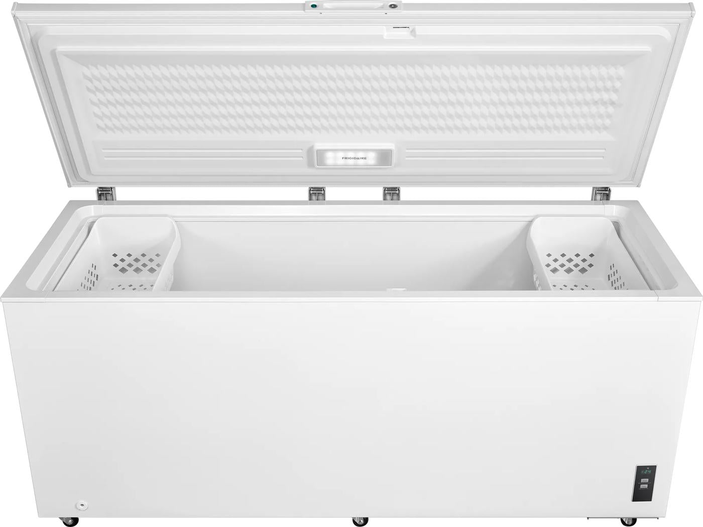 White chest freezer with open lid, removable baskets, and caster wheels in Freezers & Ice Makers collection