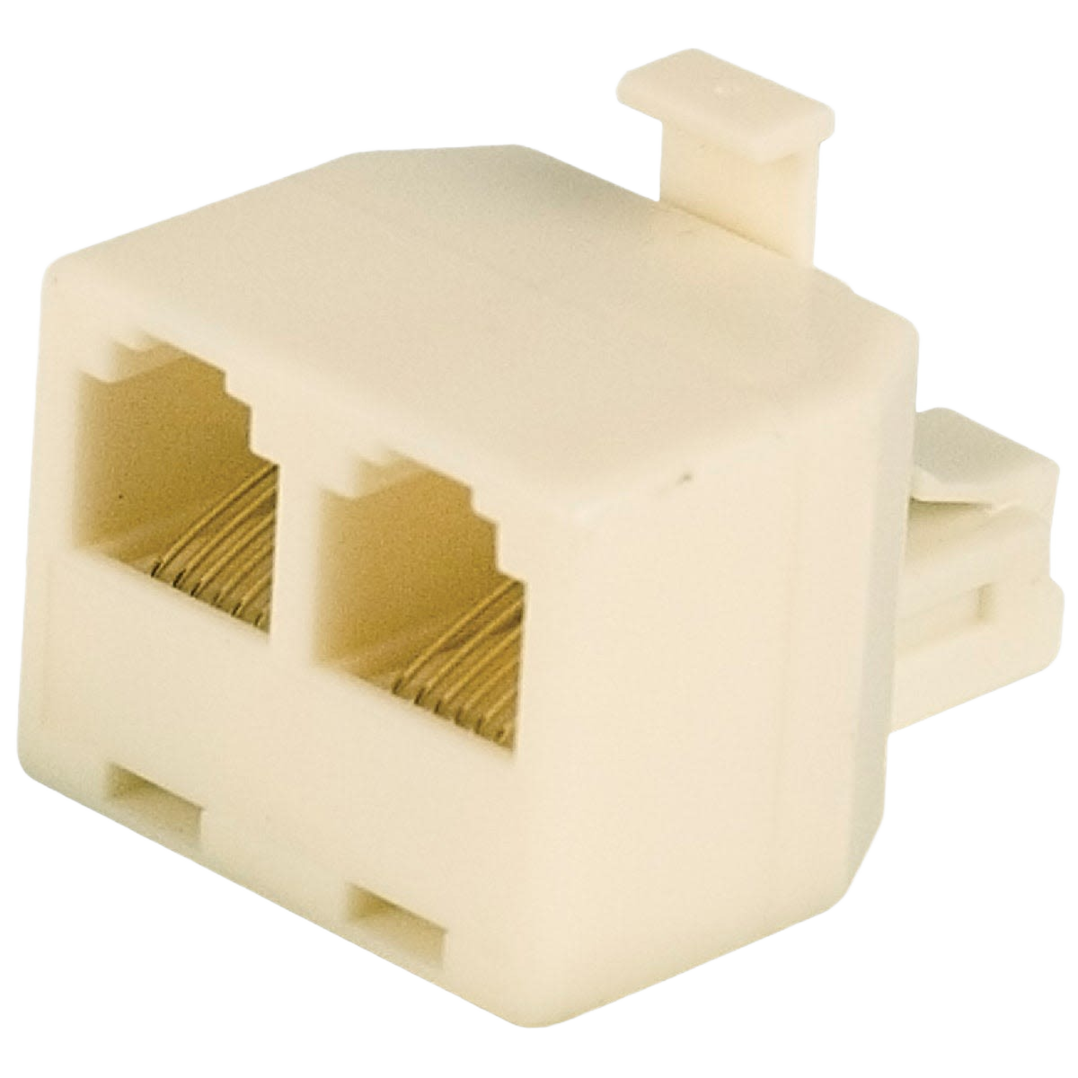 Almond color duplex phone splitter adapter with two RJ11 ports for home phone and communication connections