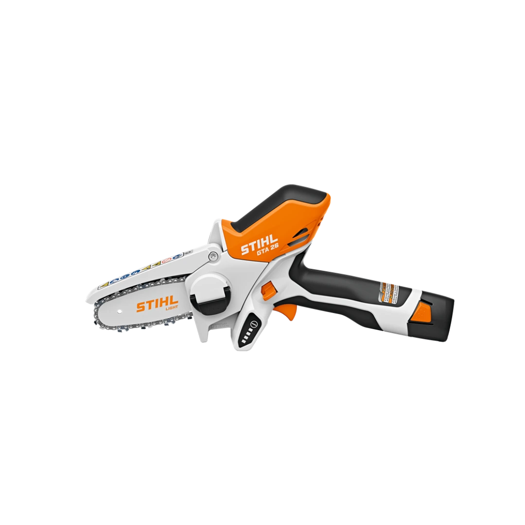 Compact handheld battery-powered garden pruner with ergonomic black and orange grip for precise trimming tasks