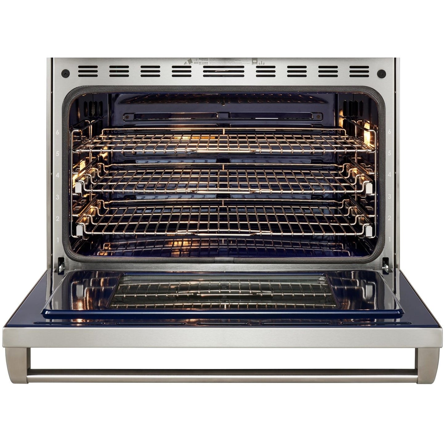 Open stainless steel oven interior with three adjustable racks and bright interior lighting for cooking appliances