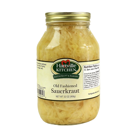Glass jar of Hartville Kitchen old fashioned sauerkraut in preserved foods under $50 and fruits and vegetables collections
