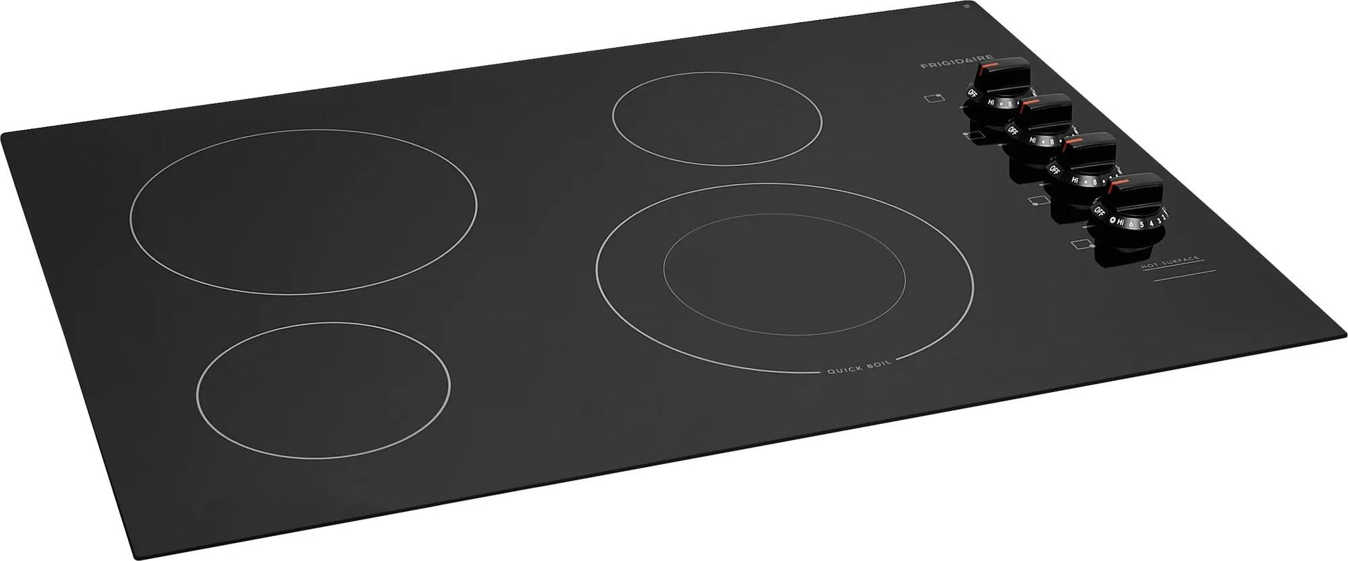 Frigidaire black frameless electric cooktop with four varied-size heating elements and rotary controls in kitchen appliance collection