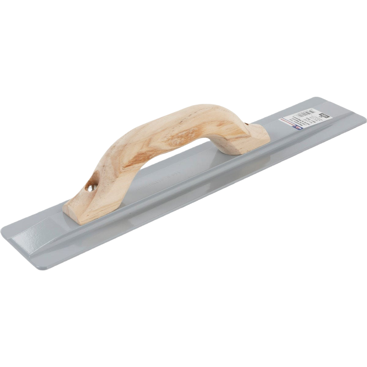 Magnesium finishing float with beveled edges and natural wood handle for smooth concrete and plaster surfaces