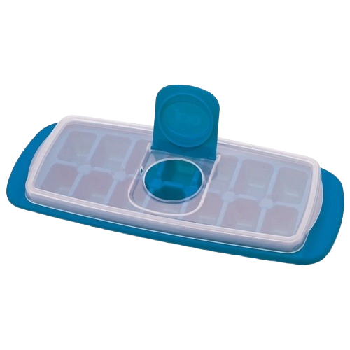 Rectangular ice cube tray with blue silicone base and a hinged spill-proof lid for home use and kitchen tools.