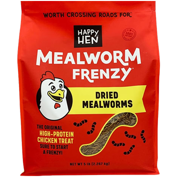 Red bag of Happy Hen dried mealworms chicken treats with high-protein snack label for poultry feeding