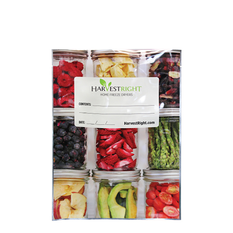 Clear resealable Mylar bag with label and compartments holding various dried fruits and vegetables
