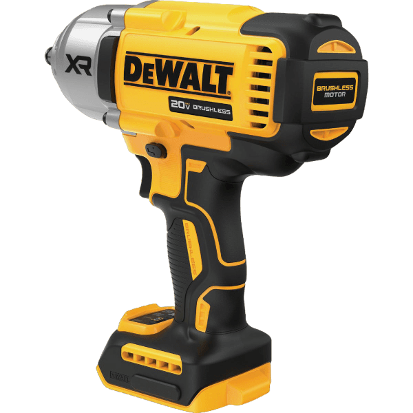 Yellow and black cordless impact wrench with brushless motor for tools and home improvement tasks