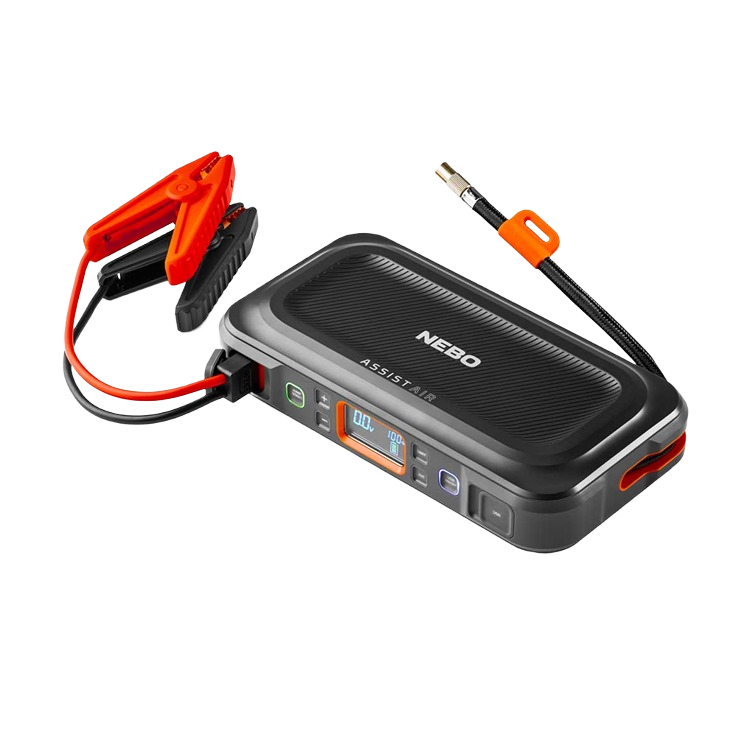Compact black and orange portable air jump starter with clamps and built-in flashlight for automotive and battery tool use