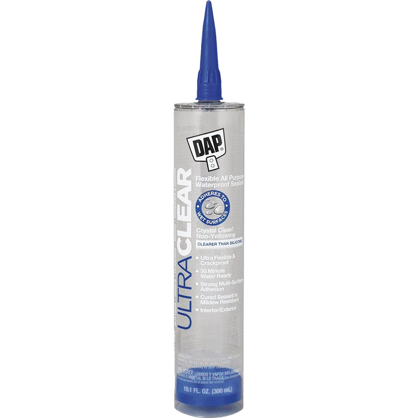 Clear flexible waterproof sealant tube designed for multi-surface adhesion in tools and home improvement projects