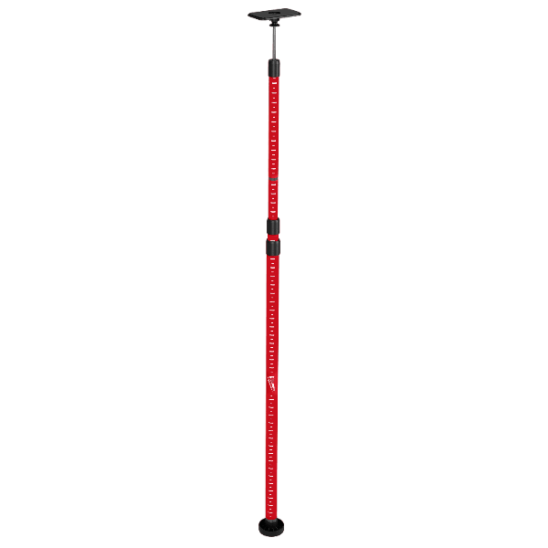 Red 12-foot telescoping laser pole with adjustable height and threaded sections for precise measuring and leveling tools use