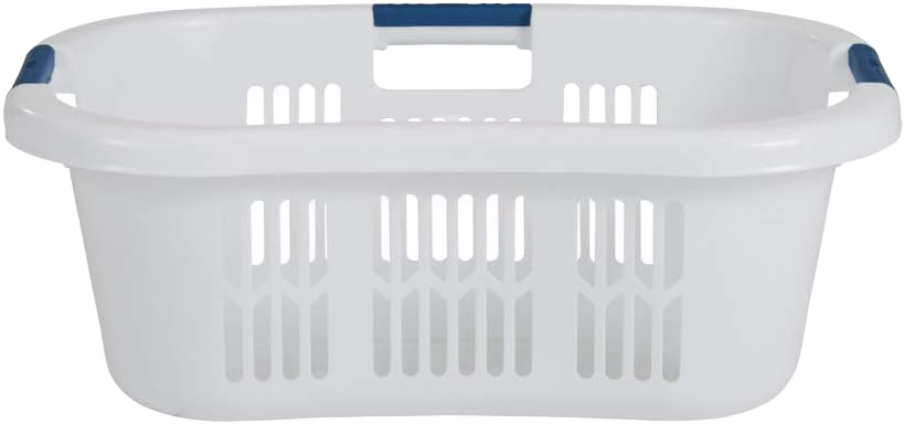 White plastic laundry basket with three sturdy handles and ventilated sides for laundry storage and organization use.