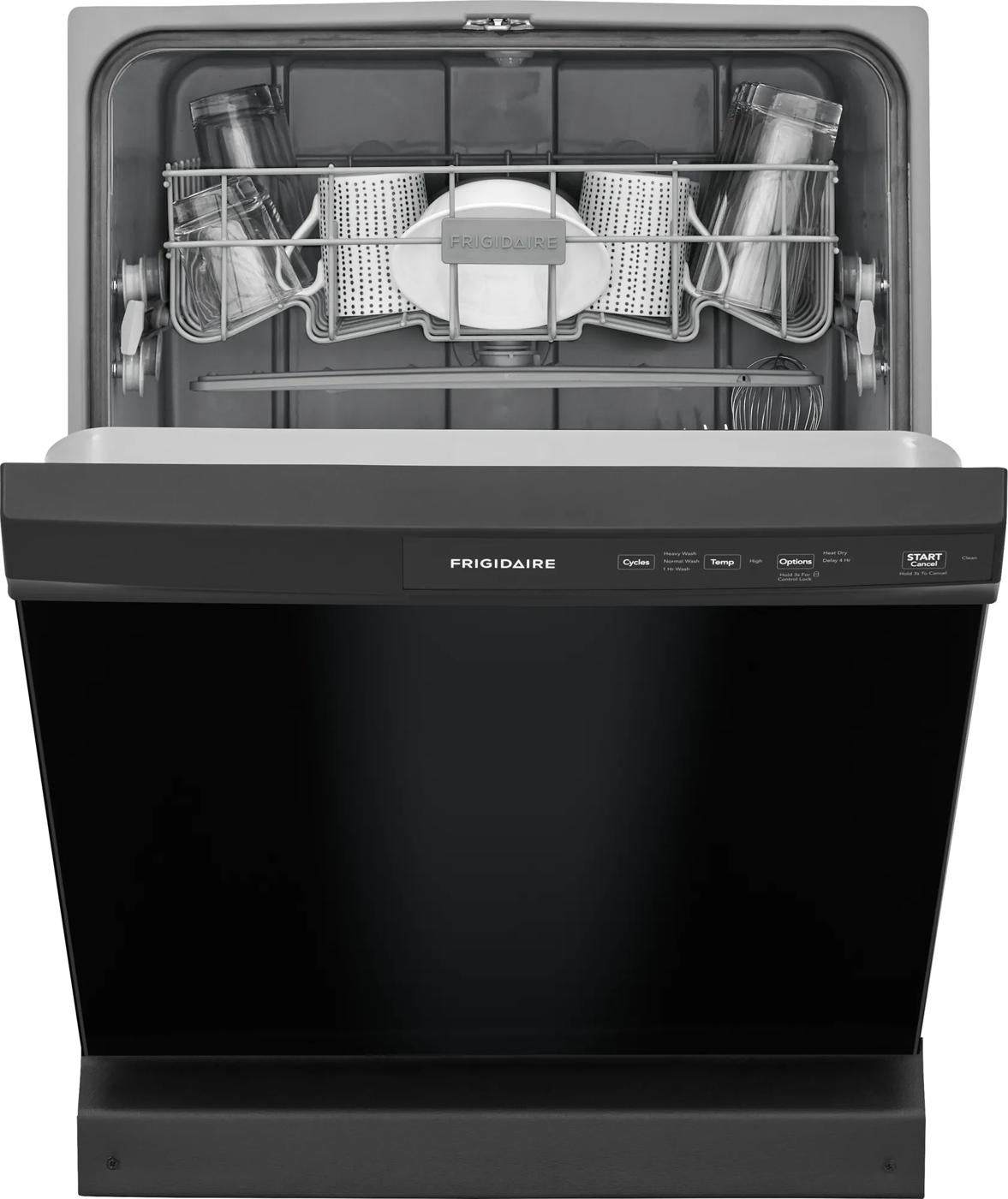 Black built-in dishwasher with open door showing top rack loaded with glasses and cutlery in kitchen appliances collection