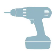 Simplified blue icon of a cordless power drill with a rechargeable battery base, representing a tool for home improvement projects.