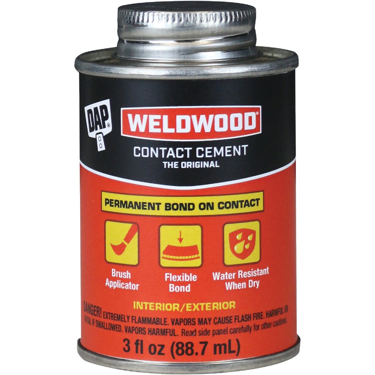 Small metal can of DAP Weldwood liquid contact cement with red and black label for home improvement use