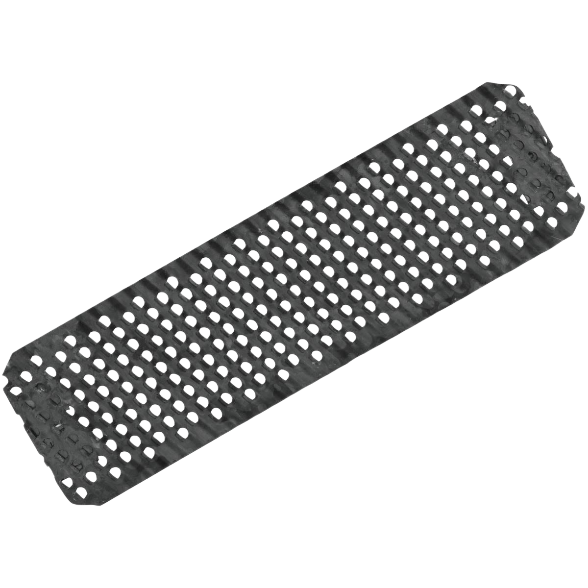 Black metal surform blade with sharp perforations for shaping and smoothing wood in tools and home improvement tasks