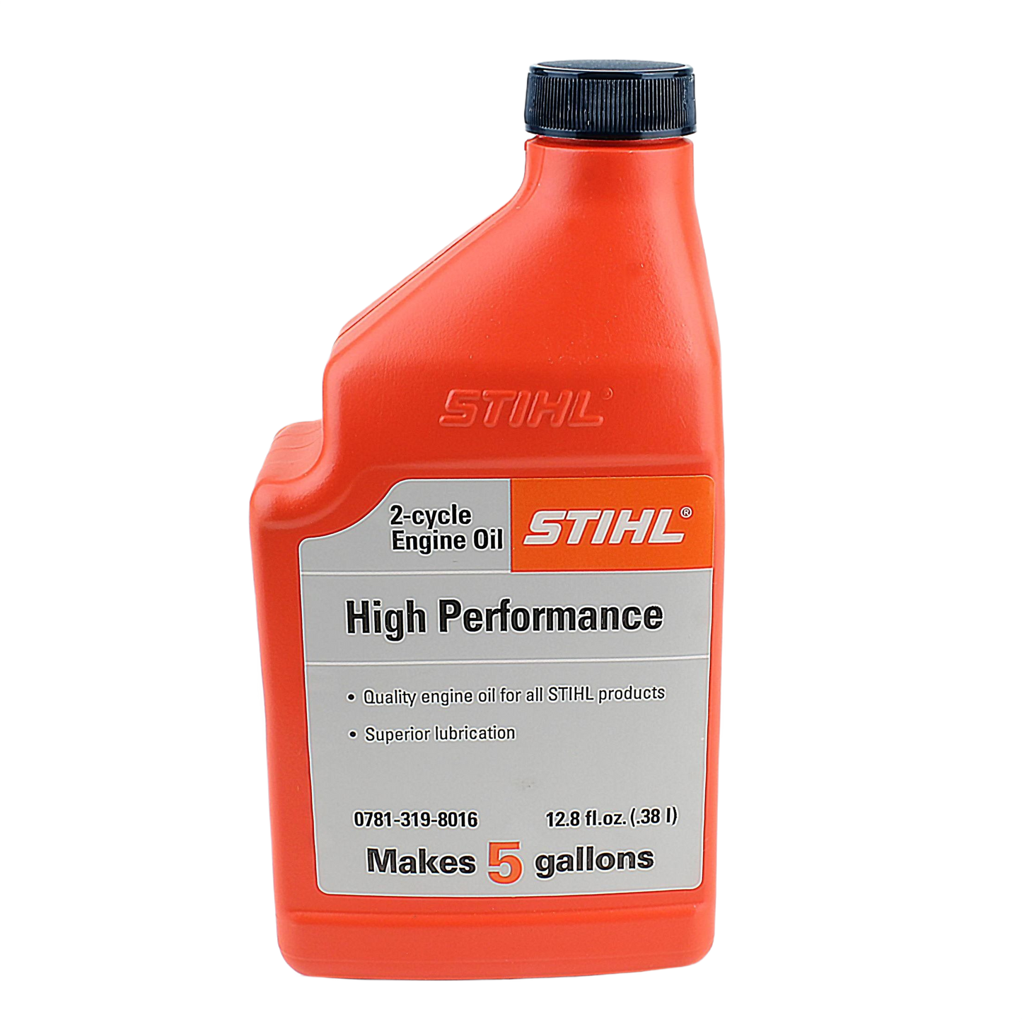 Orange plastic bottle of high-performance 2-cycle engine oil with black cap for tools and home improvement use