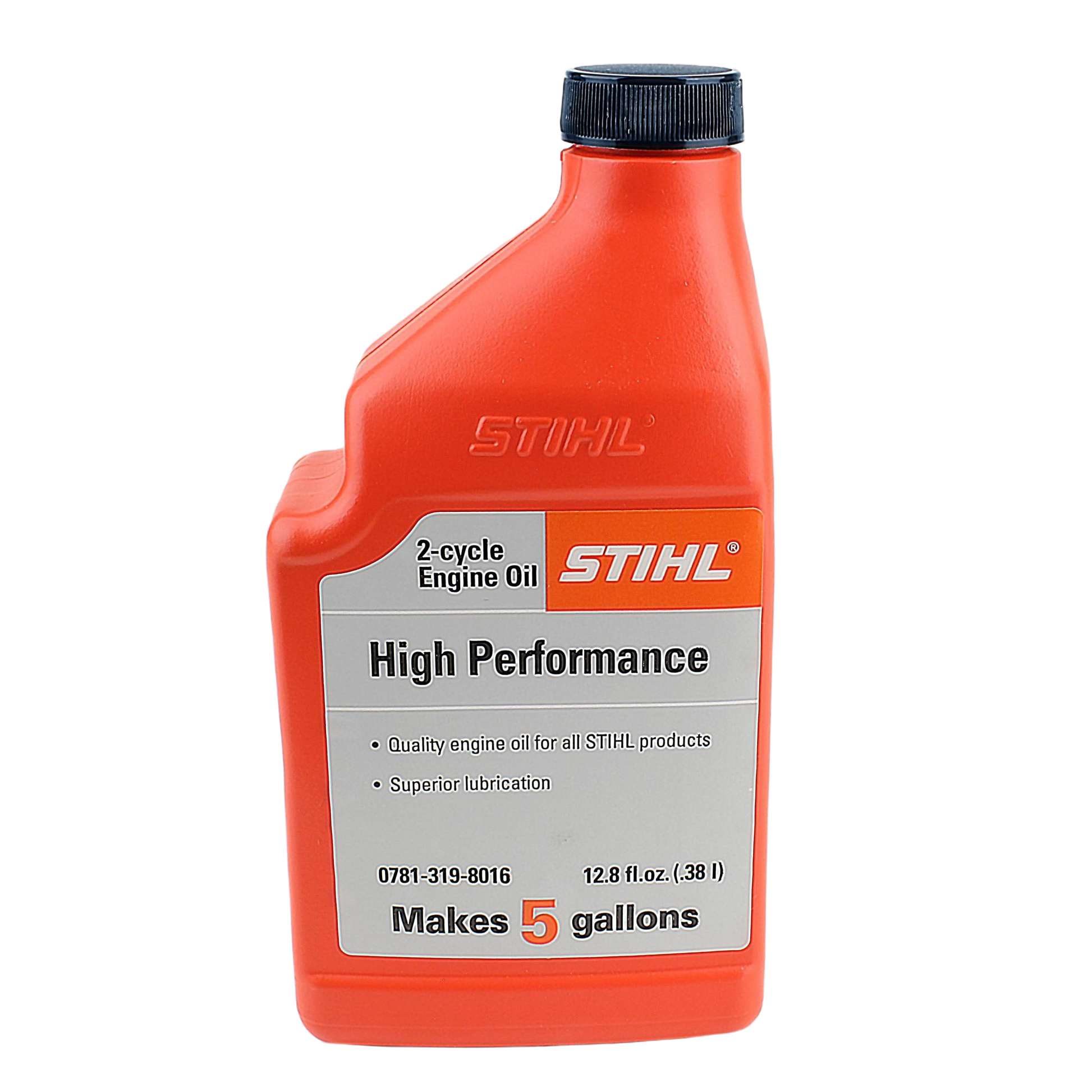 Orange plastic bottle of high-performance 2-cycle engine oil with black cap for tools and home improvement use