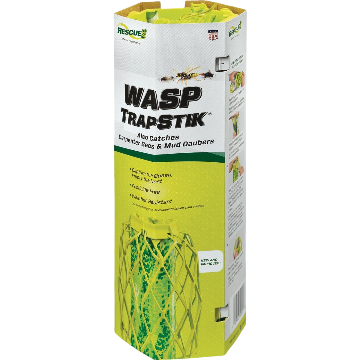Yellow and green disposable wasp trap in packaging for insect and pest control in lawn and garden supplies