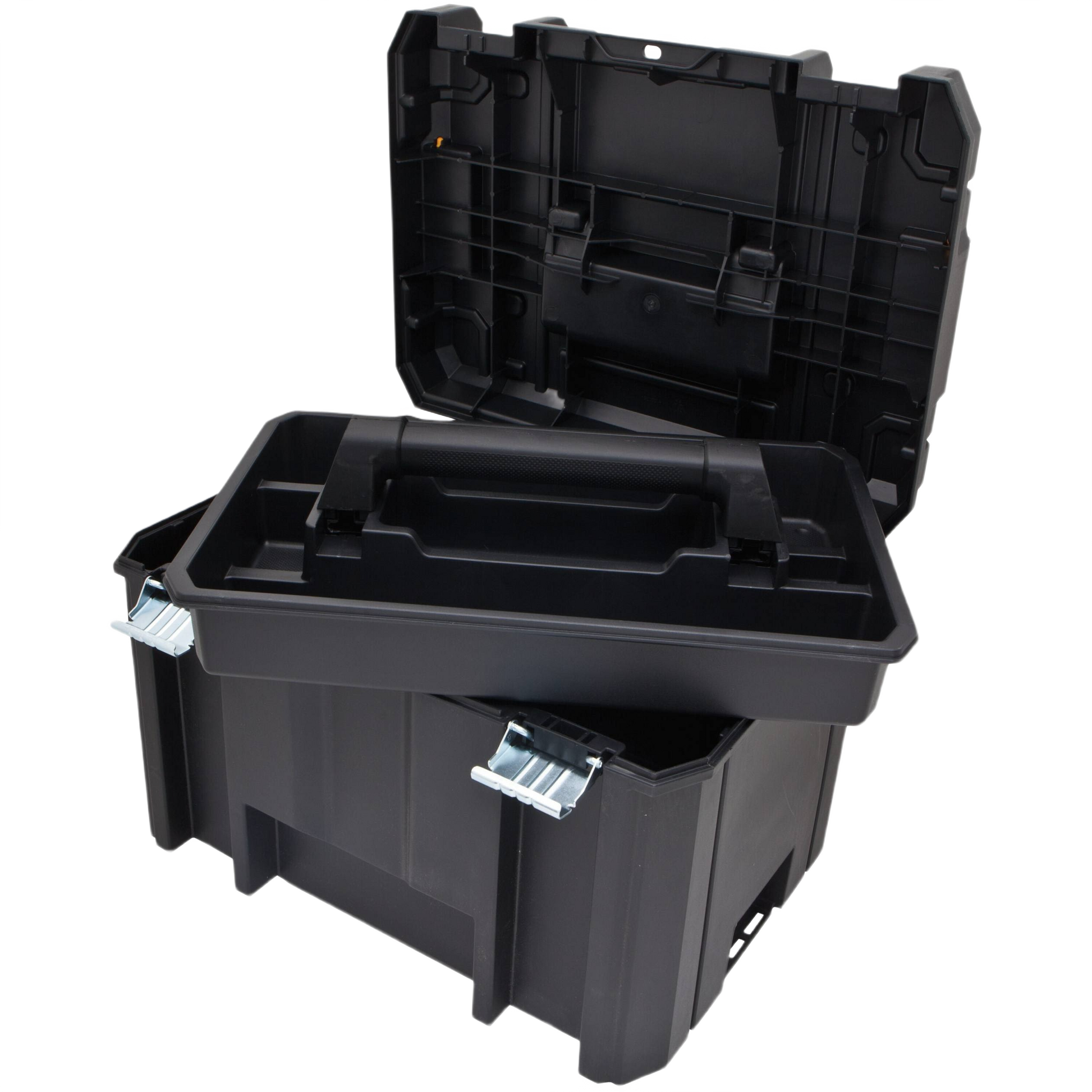 Black deep storage box with sturdy handle and metal latches for tool organization and jobsite storage under $100 collections