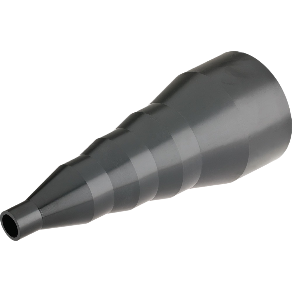 Black plastic stepped adaptor for dust collection hoses with multiple diameter reduction options for woodworking tools