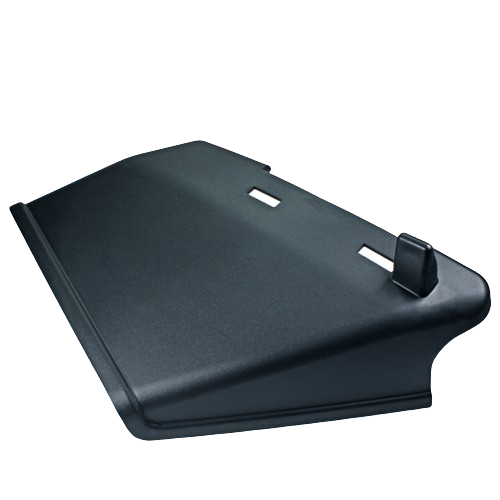 Durable black hard plastic mower deck discharge chute for directing grass clippings in John Deere parts and accessories