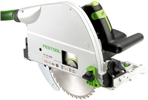 Silver and green plungecut saw with circular blade and dust extraction port in power tools and saws collection