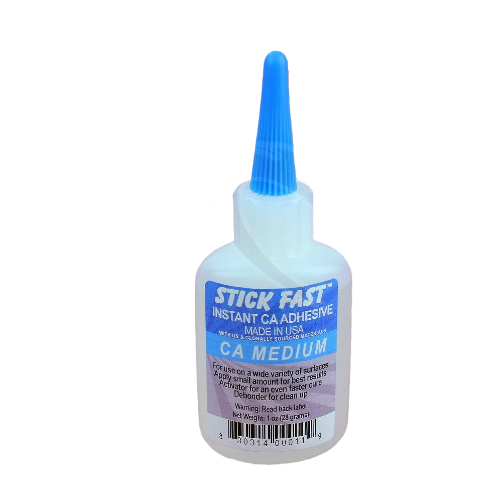 Plastic bottle of medium viscosity instant adhesive with precision blue applicator tip for home improvement use