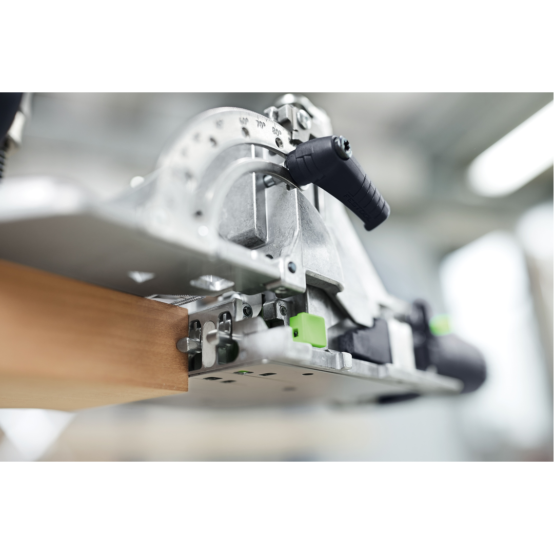 Close-up of a Festool woodworking joiner tool making an angled cut on a wood board, part of Power Tools and Woodworking Tools collections.