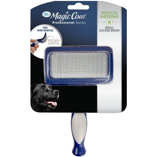 Small slicker brush with fine wire bristles for removing loose pet hair and reducing shedding gently