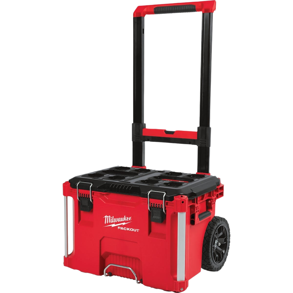 Red and black durable rolling tool box with extension handle and large wheels for jobsite and workshop storage solutions