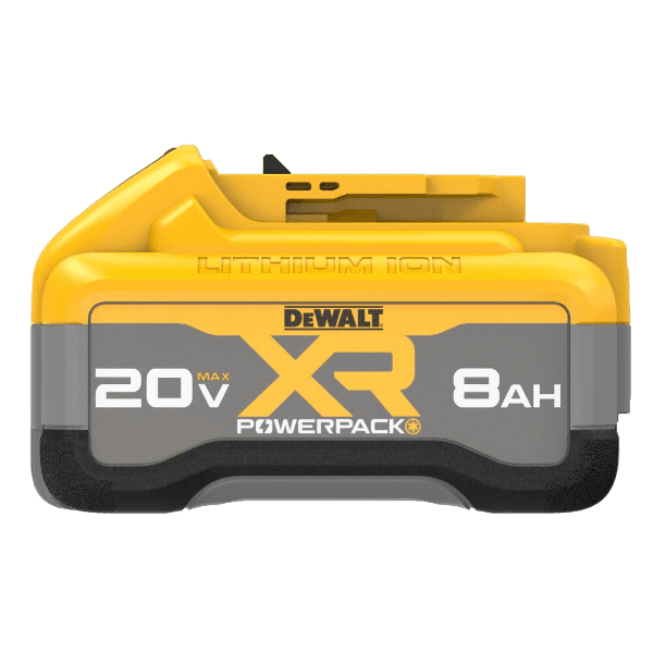 Yellow and gray 20V MAX XR POWERPACK high-capacity 8 Ah lithium-ion battery pack for tools and home improvement use