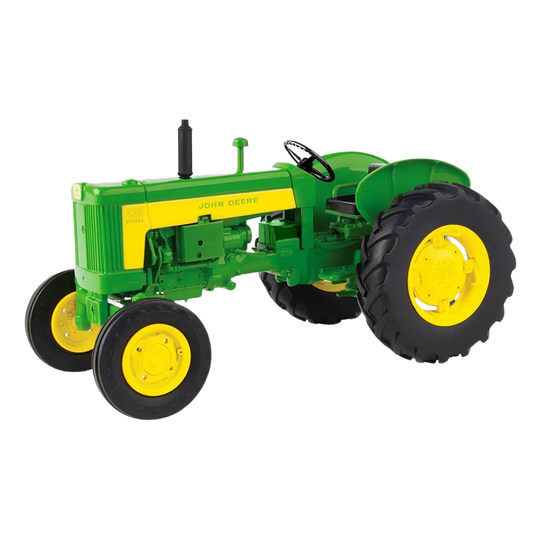 Green and yellow 1:16 scale tractor model with detailed engine and large rear tires for collectors or play display