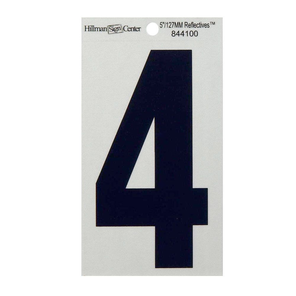 Black reflective adhesive house number 4 on white backing card for outdoor home improvement use