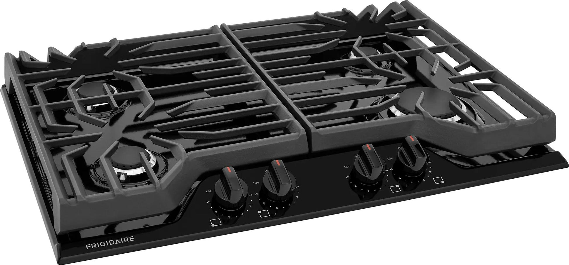 Black 30-inch Frigidaire gas cooktop with four burners and continuous grates for kitchen and appliances collections