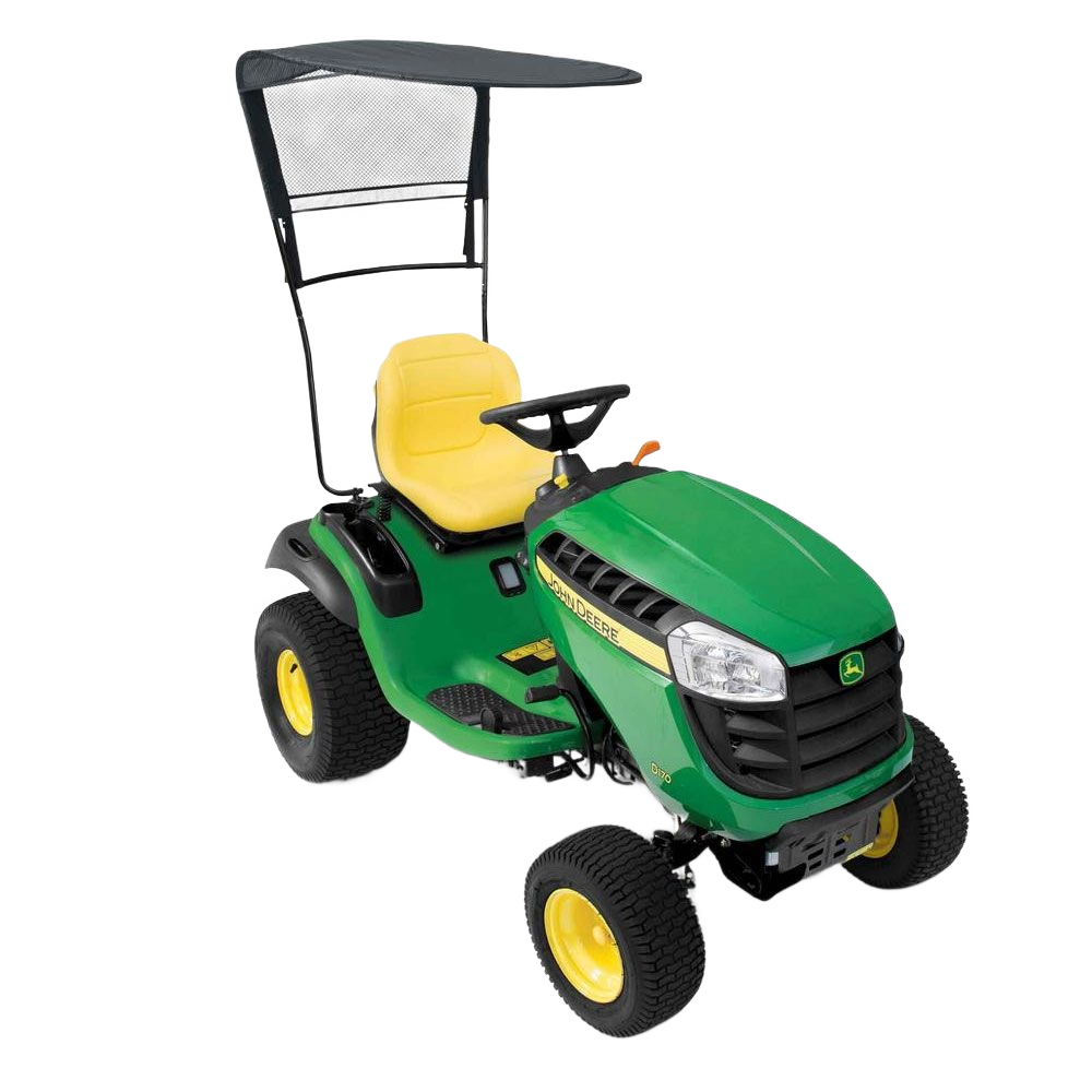 Green and yellow riding lawn mower equipped with a black sun canopy for outdoor tool accessories and home improvement