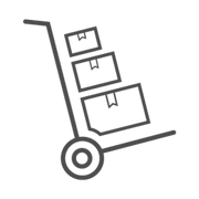 Minimalist gray line drawing of a hand truck tilted back carrying three stacked rectangular boxes in varying sizes.