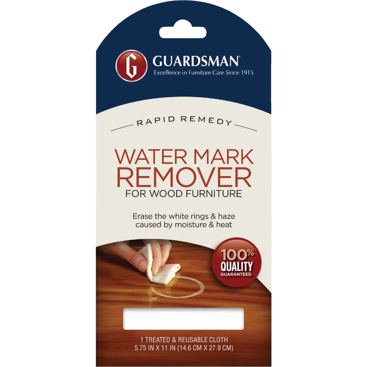 Packaging of Guardsman water mark remover cloth for restoring wood furniture by removing moisture and heat stains