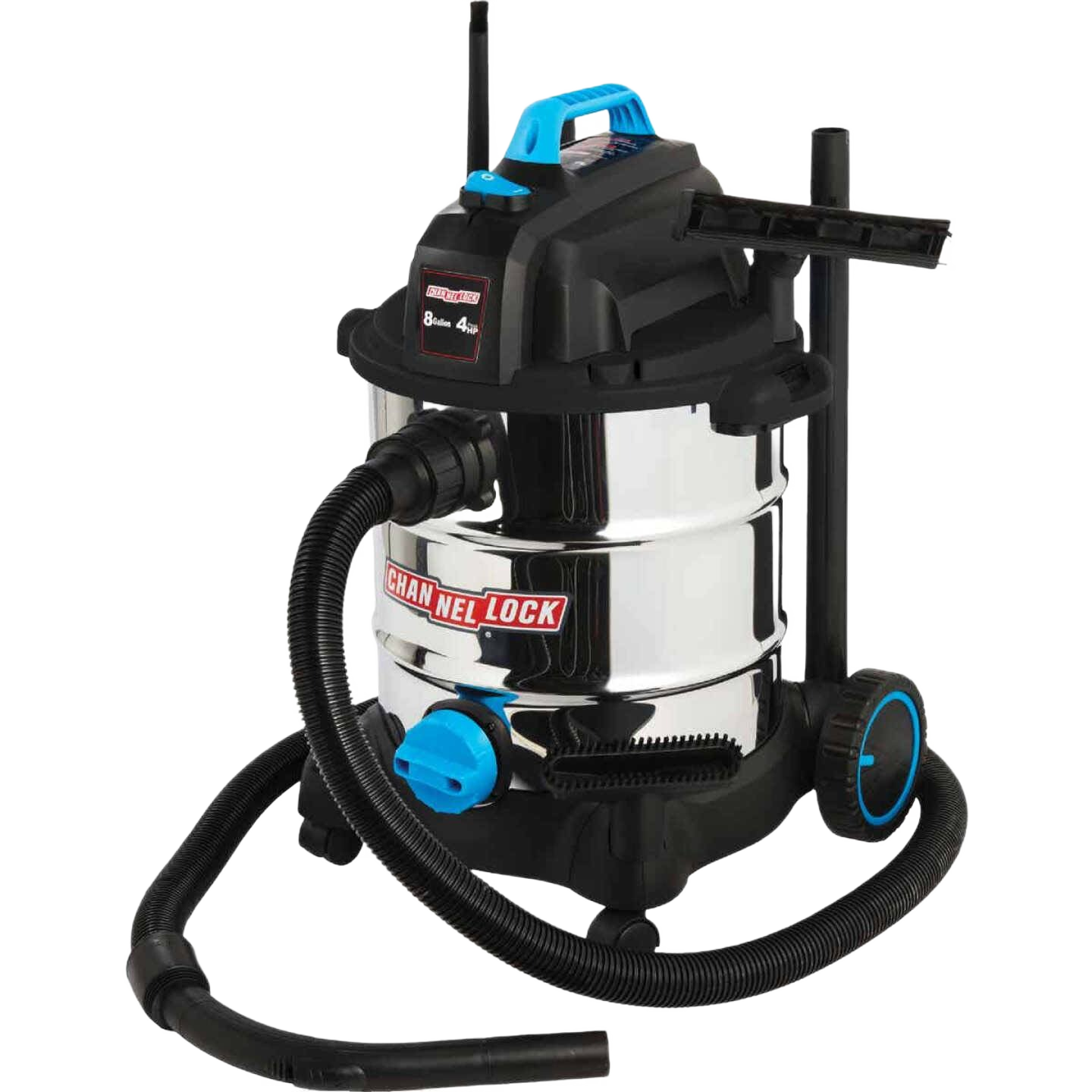 Stainless steel wet/dry vacuum with 8-gallon capacity and durable wheels for tools and home improvement tasks