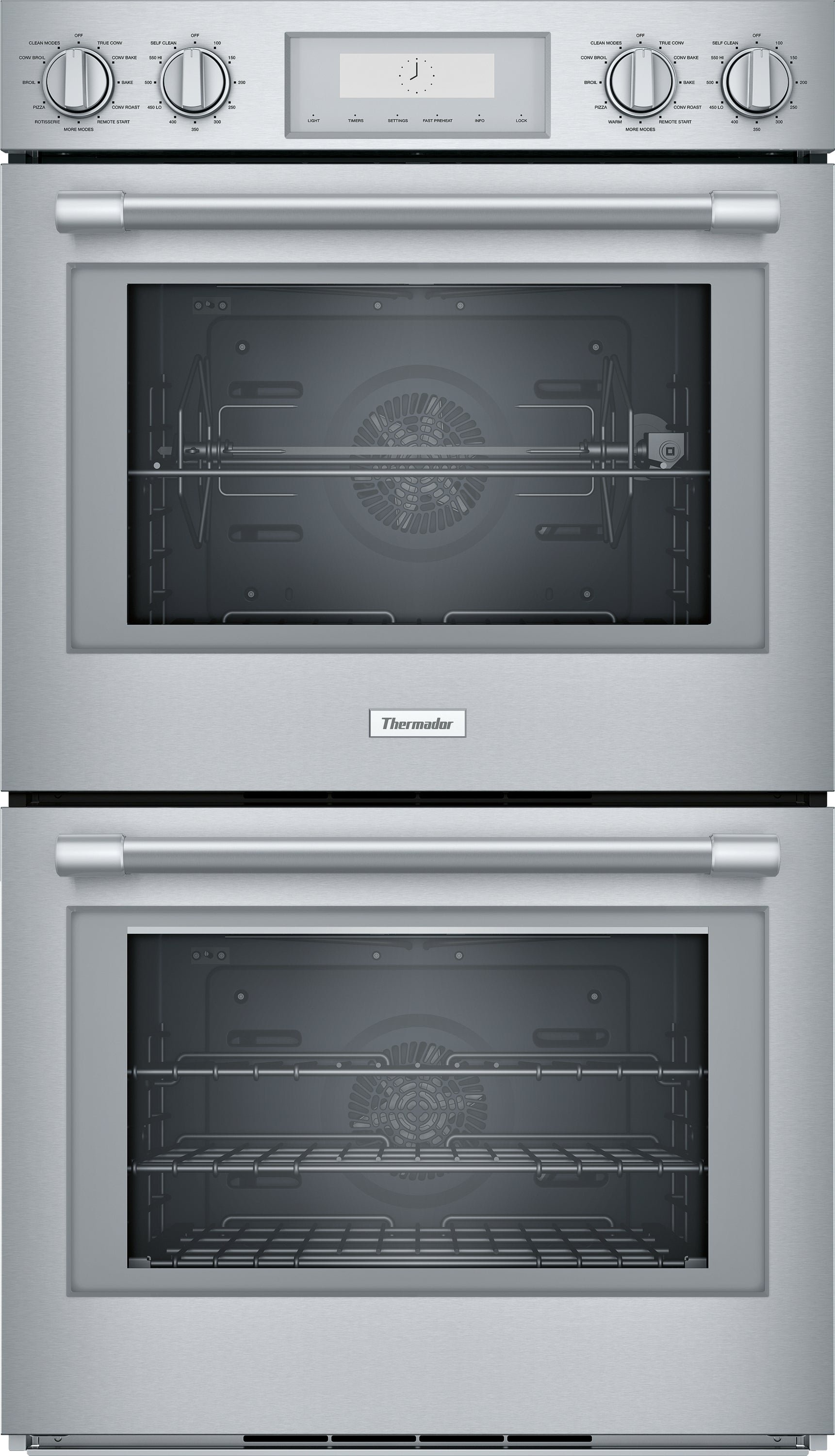 Stainless steel professional double wall oven with control knobs and digital display in kitchen appliances collection