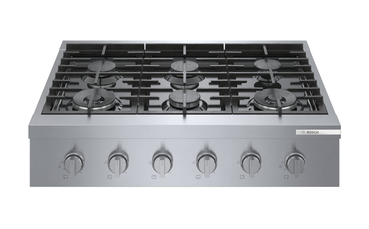 36-inch stainless steel gas rangetop with six burners and dishwasher-safe heavy-duty grates from Bosch cooktops collection