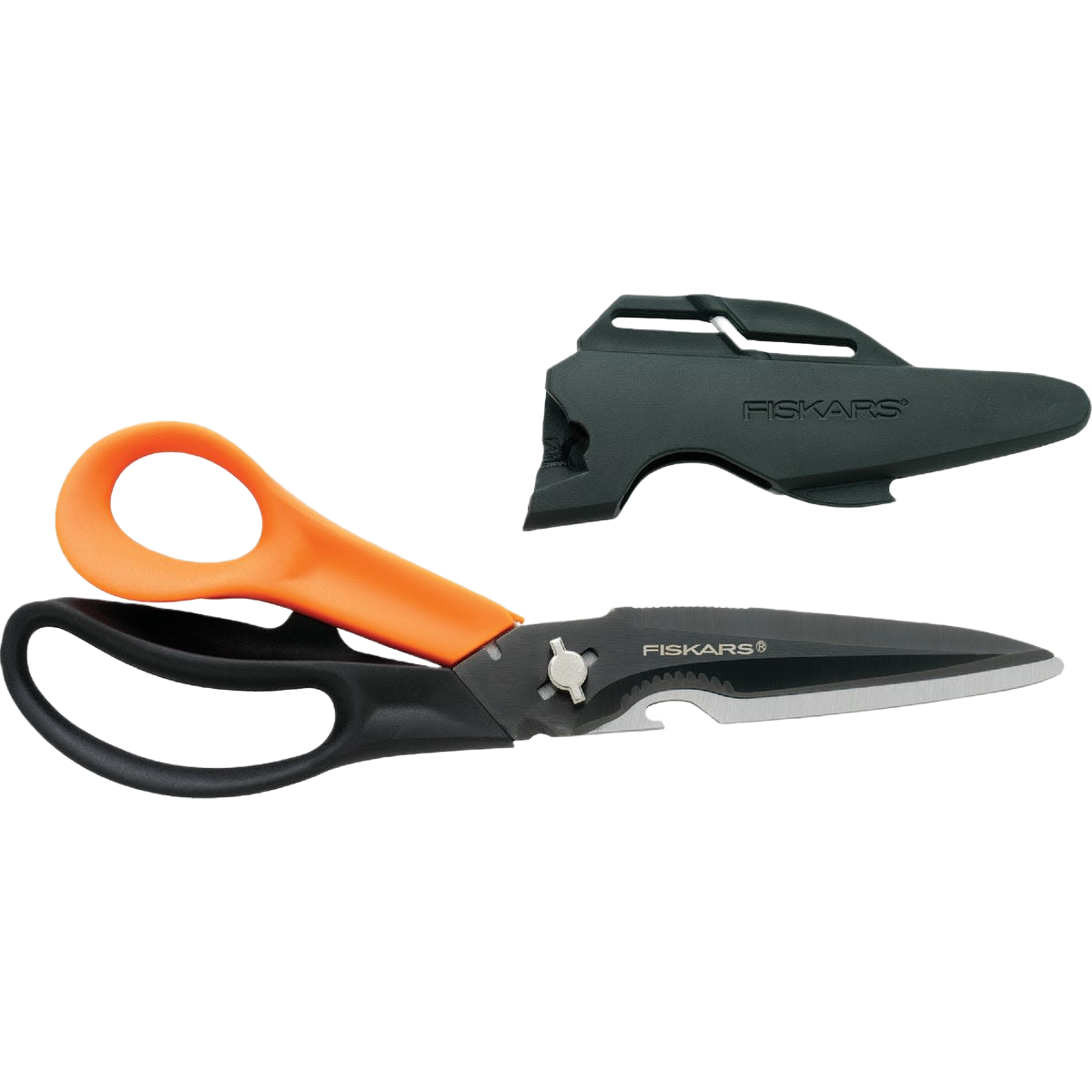 Multipurpose scissors with ergonomic orange and black handles and a protective black plastic sheath for tools and home improvement use