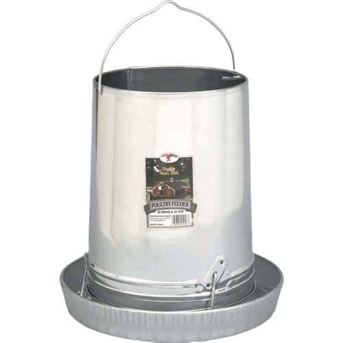 Galvanized metal hanging feeder with pan for poultry, featuring a sturdy handle and 30-pound capacity for farm use
