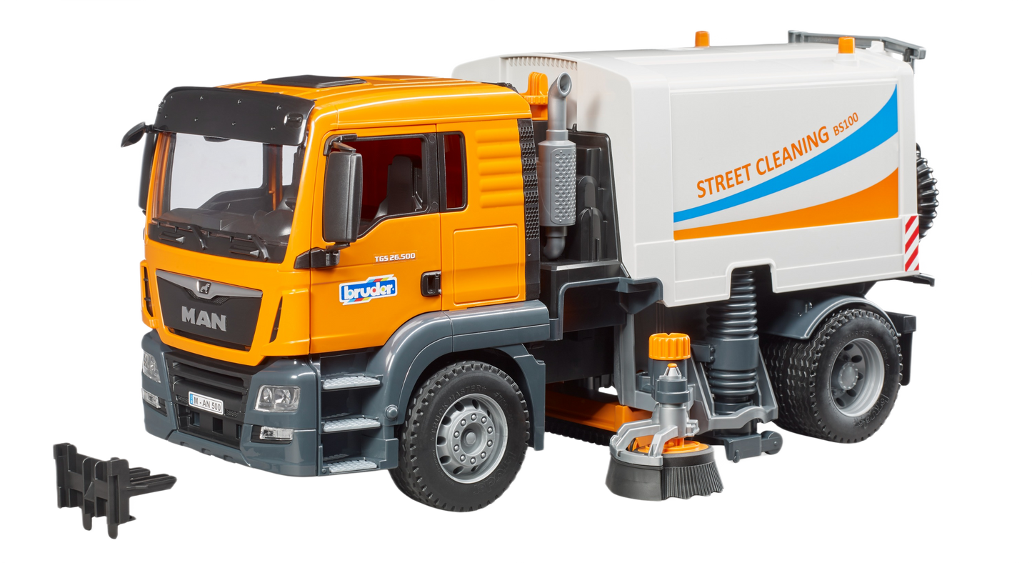 Yellow and gray MAN TGS street sweeper toy with removable brushes in Bruder Toys and Vehicles & Remote Controlled Toys collections