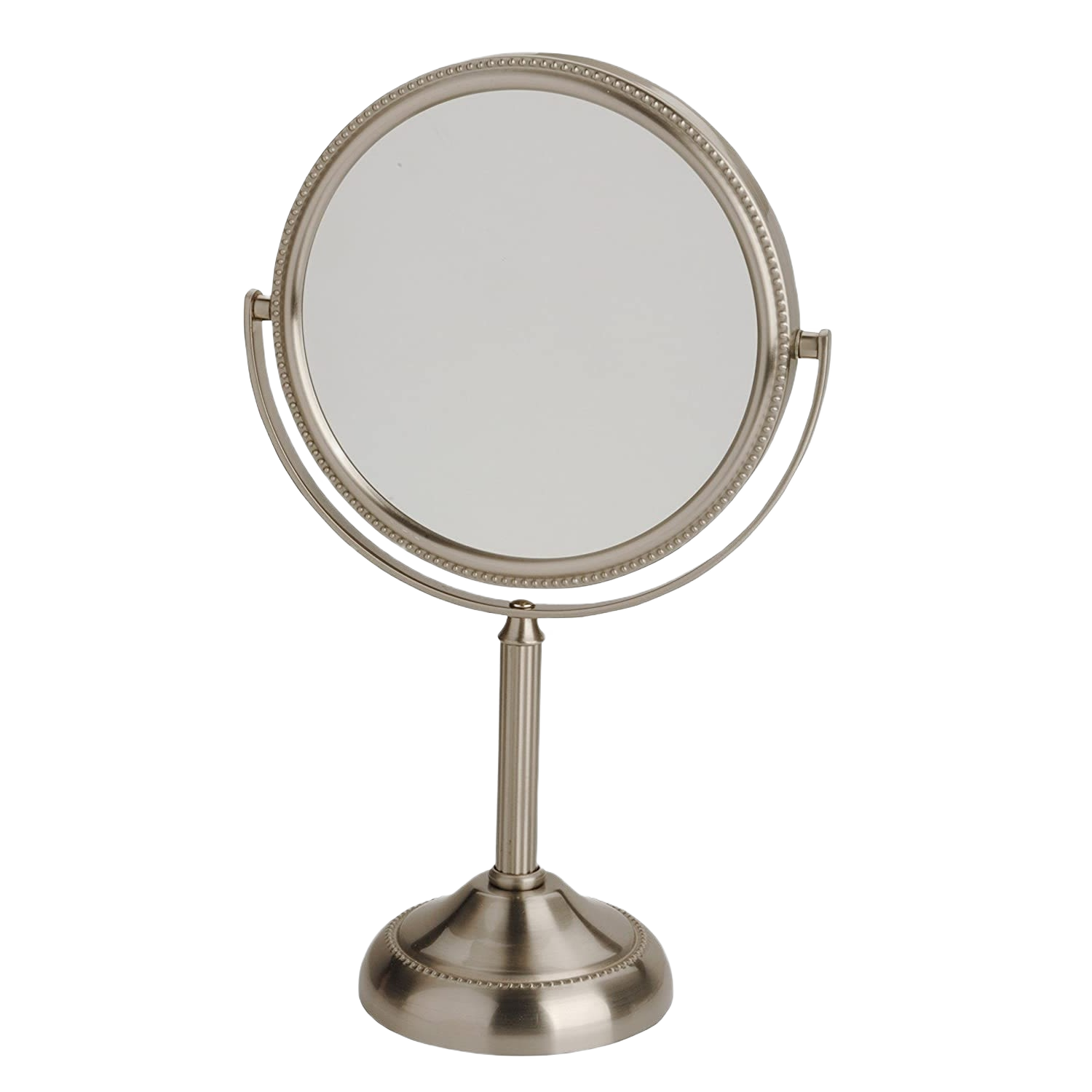 Nickel-finished swivel tabletop mirror with 6-inch dual-sided design for bathroom and home decor use
