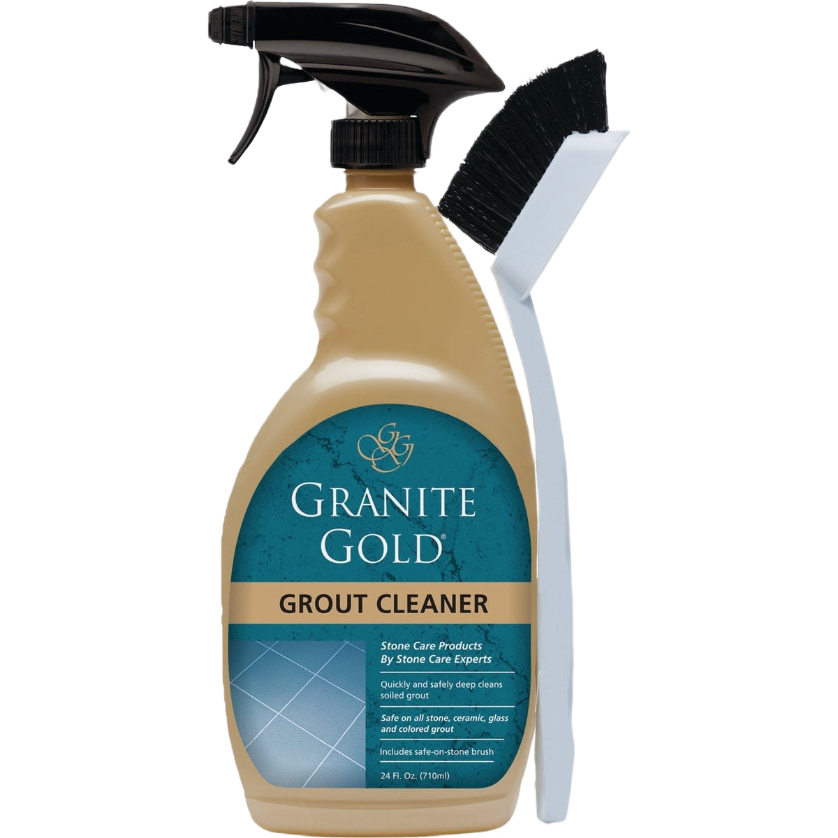 Spray bottle of beige Granite Gold grout cleaner with angled black brush for stone safe cleaning under 50 dollars